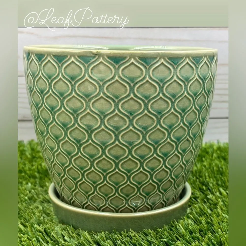 Coral Aqua/Green Ceramic Planter Pot with Saucer Attached - Picture 2 of 8